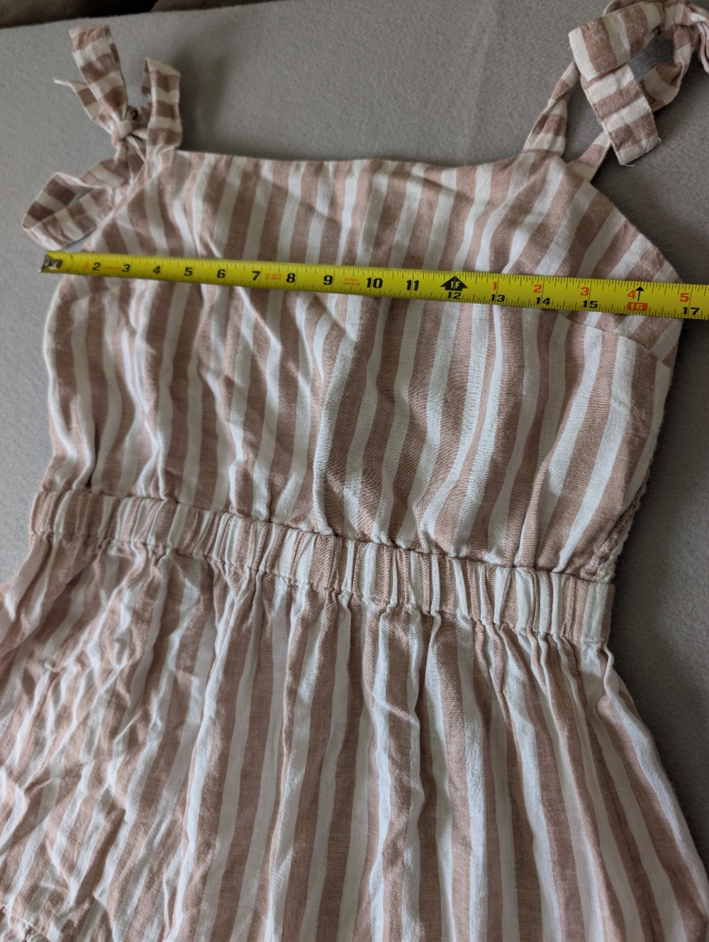 Linen Blend Tie Strap Ruffle Tier Coastal Neutral Striped Midi Dress Sz L Beach image 8